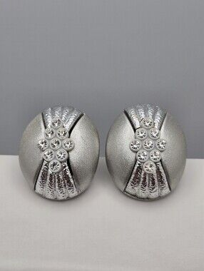 Japan Vintage Silver Tone Clip On Earrings Rhinestone Cluster Dome Design